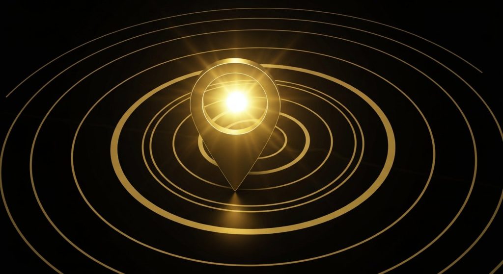 Golden location pin with radar pulses representing local SEO visibility for Inland Empire businesses