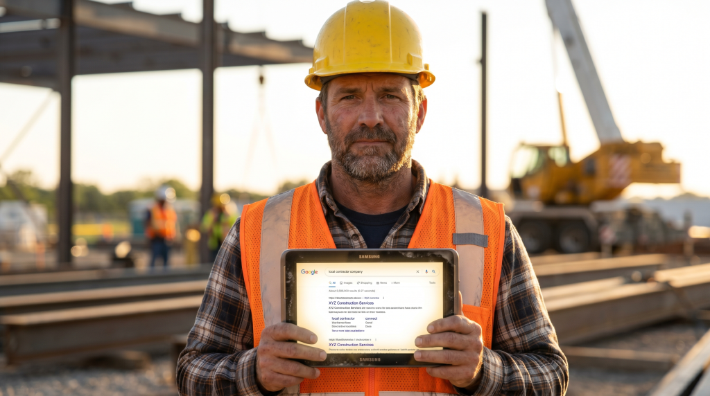 Construction contractor reviewing Google rankings on tablet