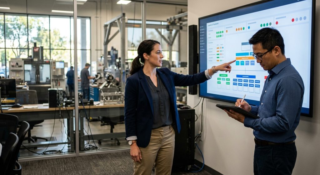 Cybersecurity professionals reviewing CMMC 2.0 compliance dashboard in Southern California aerospace defense facility