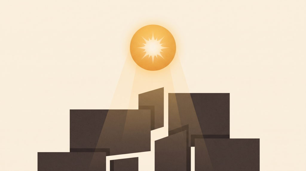Editorial illustration of app blocks assembling under a guiding light