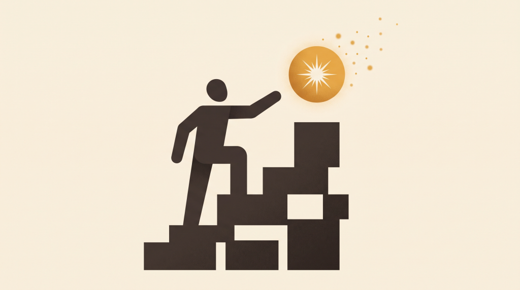 Editorial illustration of a figure climbing steps toward a radiant light