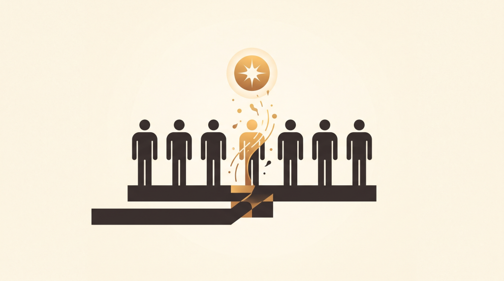 Editorial illustration of one figure transforming among a row of workers