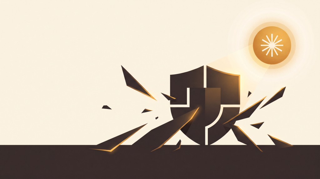 Editorial illustration of a shield deflecting fragments