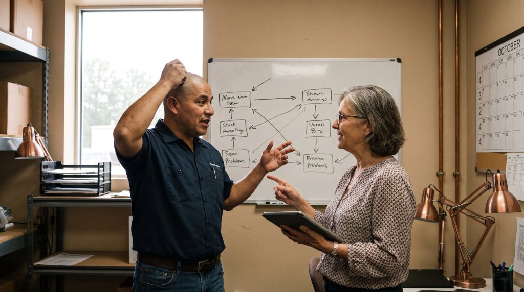 Business owner and operations manager reviewing an AI agent pilot checklist on a laptop in a small office