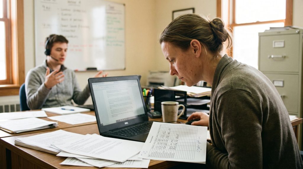 Operations lead reviewing a support ticket queue on a laptop while a colleague wearing a headset takes a customer call in a small office