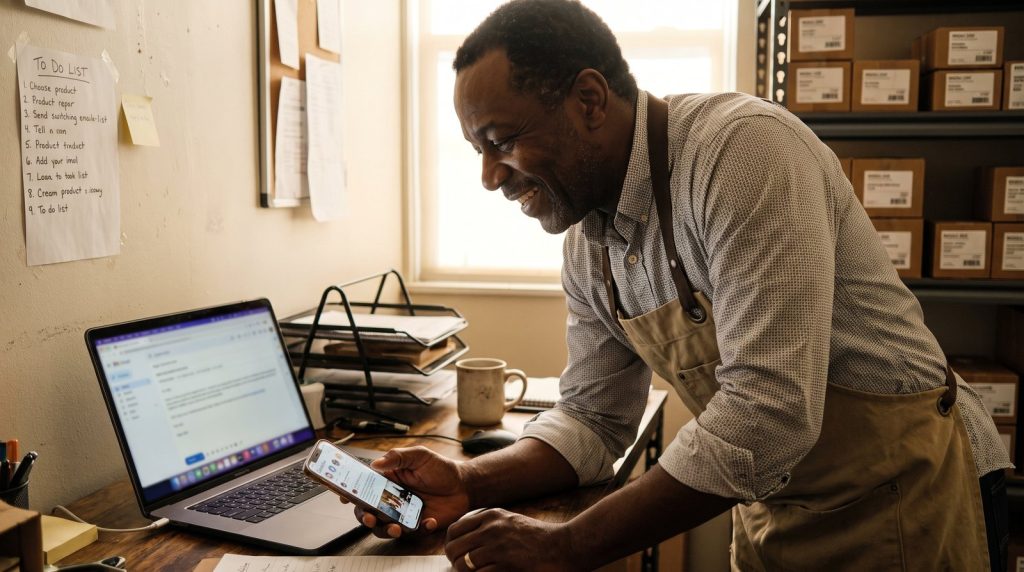 Small business owner and marketing coordinator reviewing an AI-drafted email campaign together at an office desk