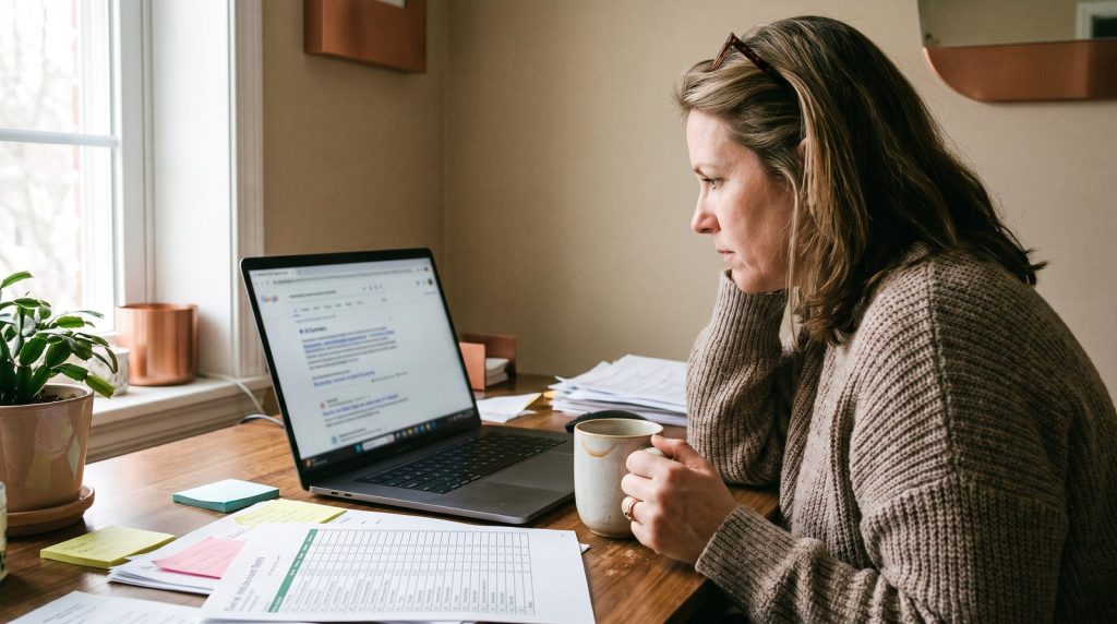 Small business owner and marketing lead reviewing Google search results with an AI answer on a laptop in an office