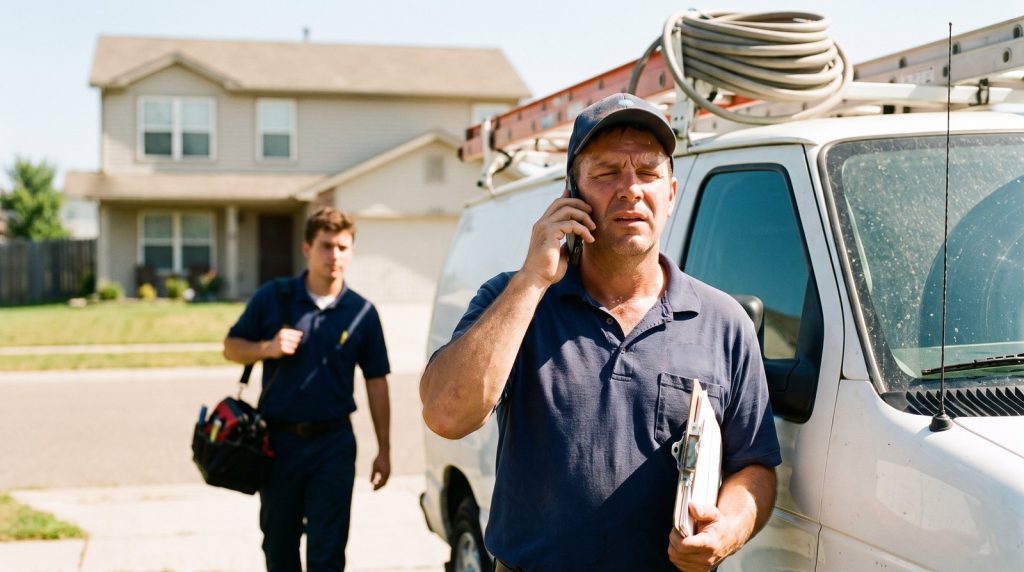 Home services business owner taking a call on a mobile phone beside a work van while a technician carries tools in the background