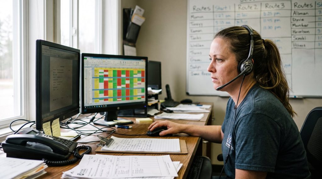 Service business dispatcher at a desk listening to a recorded phone call while checking a technician schedule on screen