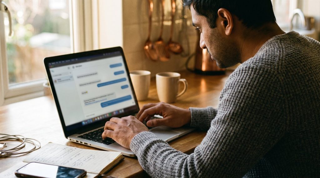 Marketing lead at an office desk comparing ChatGPT answers with the company website on two monitors