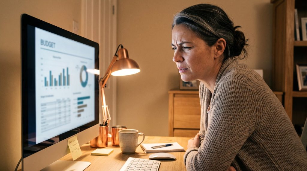 Small business marketing manager reviewing Google Ads and Meta Ads dashboards on two monitors in an office