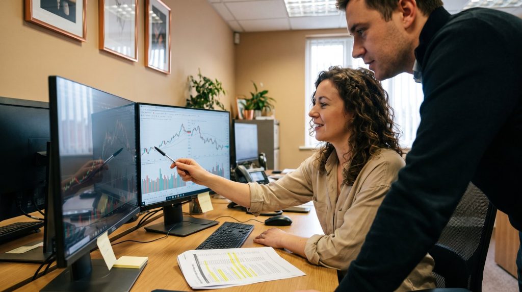 Marketing manager reviewing a Google Analytics traffic report on a laptop in a small office